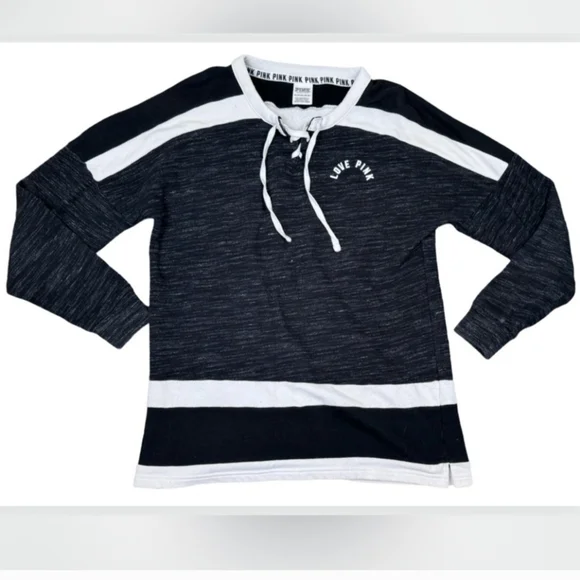 PINK Sweatshirt black and white with drawstring Size Medium - Picture 4 of 4